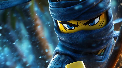 Lego-style blue ninja figure in close combat focus.