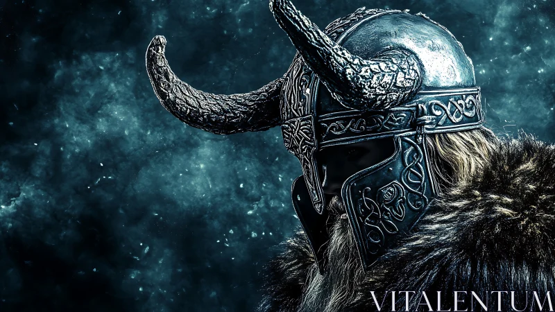 Horned warrior helmet reveals ornate Nordic metalwork under cold light