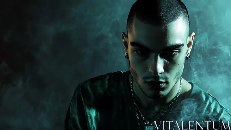 Smoke-curtained stare carves neon shadow across resolve