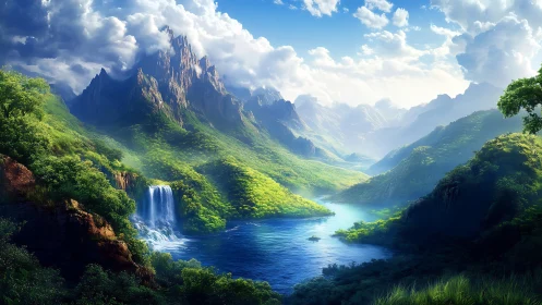 Verdant river valley beneath luminous jagged peaks.