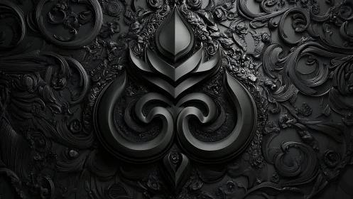 Glossy black ornamental emblem with intricate baroque relief