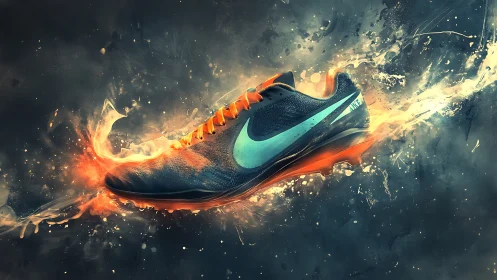 Blazing running shoe bursting forward with fiery energy.