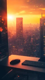 Sunlit coder&rsquo;s workspace overlooks glowing high-rise skyline