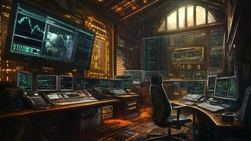 Quantitative cyber-trading command center with multi-display array.