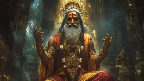 Divine sage in glowing temple hall with radiant golden aura.
