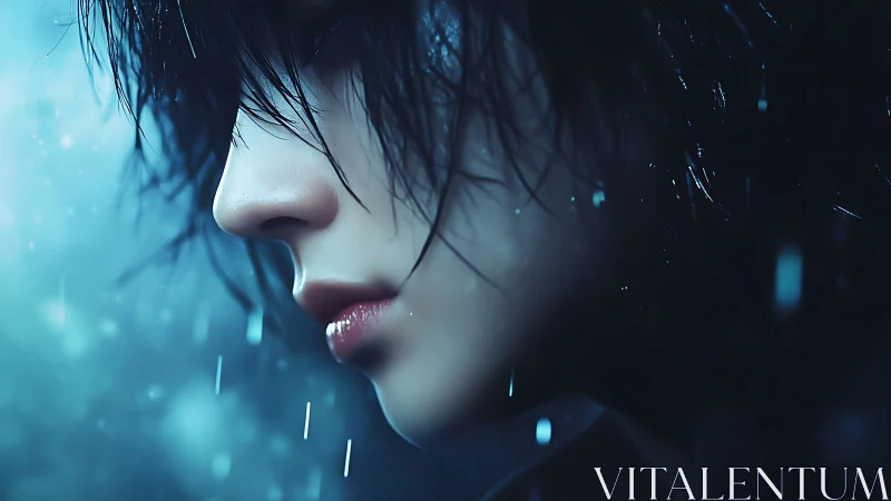 Rain-slicked reverie on a moonlit, midnight-blue street.