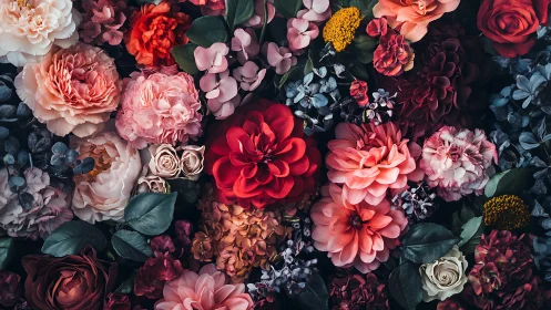 Dense floral arrangement with layered garden roses and varied blooms