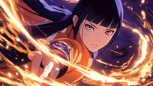 Fiery-eyed heroine bending swirling rings of light.