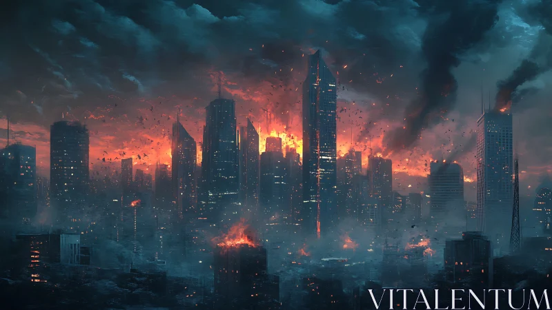 Fiery futuristic skyline glowing through stormy blue smoke.