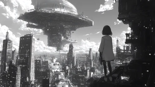 Solitary figure observing large floating structure above city.