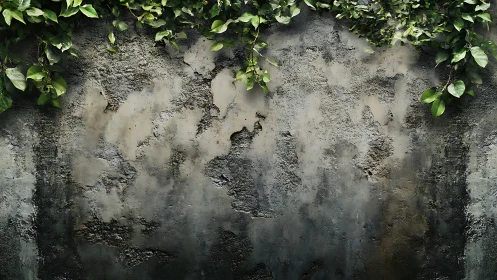 Weathered concrete wall surface supports overhanging foliage