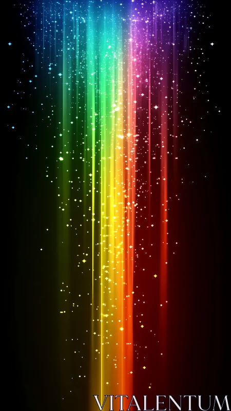 Shimmering rainbow light streams fall gently through darkness