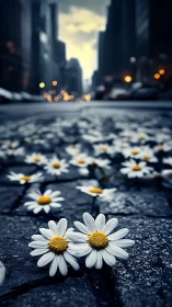 Urban cobblestones blossoming with sharp daisy foregrounds.