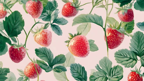 Strawberry vines pattern with painterly leaves on blush ground