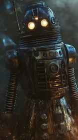 Rusty cylindrical robot stands in smoky, dim environment