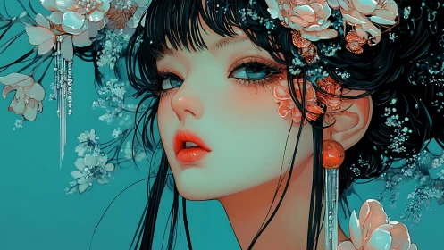 Ornate teal portrait of young woman with floral hairpiece.