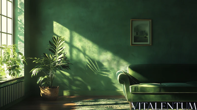 Sunlit green parlor where houseplants rehearse their shadows.