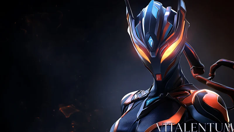 Futuristic neon-armored android against embered void backdrop.