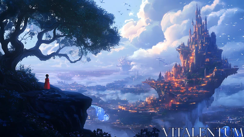 Child in red watching glowing floating castle at twilight