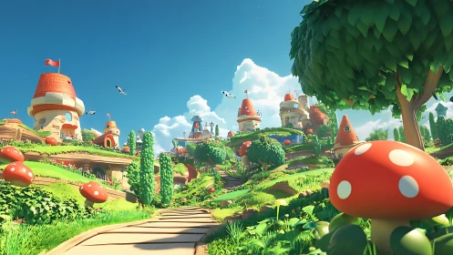Vibrant Mario-Inspired Fantasy Landscape with Castles.