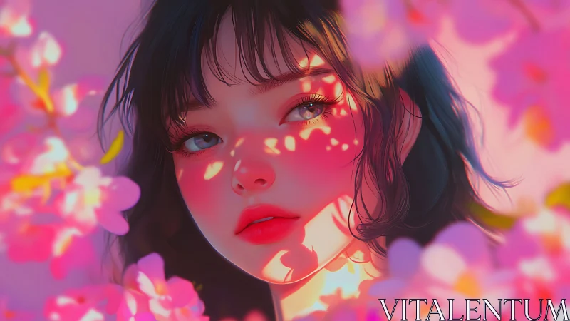 Floral-lit anime girl portrait in soft pink glow.