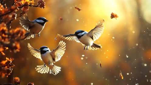 Three small birds hover mid-flight among autumn foliage