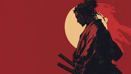 Samurai silhouette aligns against minimalist blood-red sun