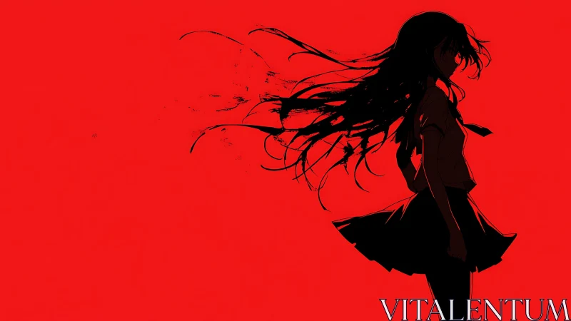 Silhouette of long haired girl on uniform against red field.