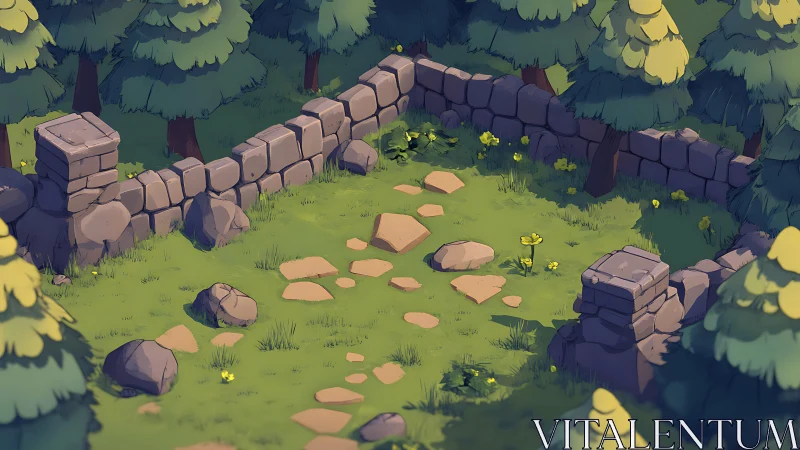 Stone-walled forest clearing is rendered in stylized view