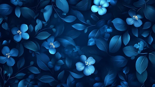 Luminous Blue Flowers in Deep Indigo Garden Scene
