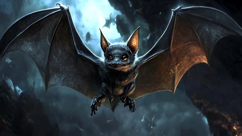 Digital painting of a luminous-eyed bat in cavernous flight.