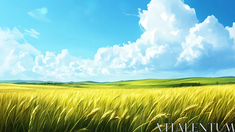 Golden wheat plain under towering summer cumulus clouds.