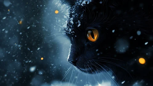 Digital illustration of feline head with amber eyes amid particles.