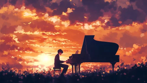 Sunset pianist performs beneath glowing, painterly skies.