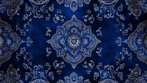 Ornate white mandala tessellation over deep indigo textile ground