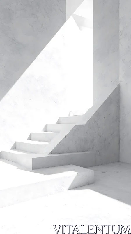 Minimal white interior stair with hard angled daylight beams.