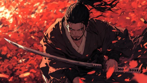 Samurai in dynamic low-angle charge amid red foliage vortex.