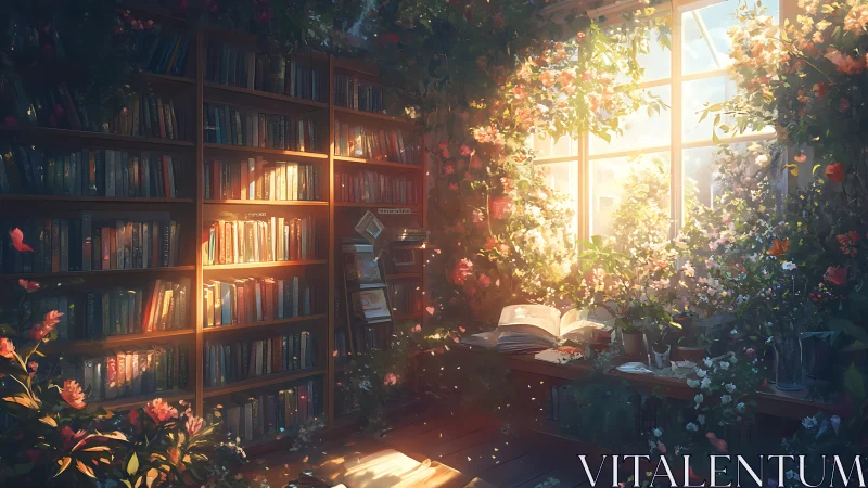 Library interior with sunlit window and dense floral growth.