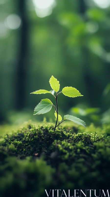 Young seedling with luminous foliage emerging from moss substrate.