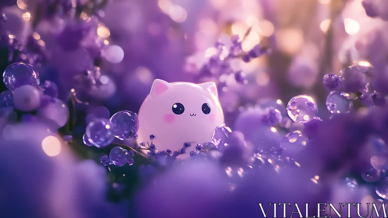 Glow-kawaii cat figurine nestles in bokeh lavender orbs