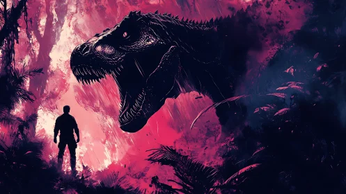 Silhouetted human observing large dinosaur in neon jungle.