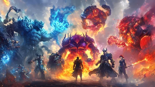 Epic elemental warlords in symmetrical fantasy battle tableau.