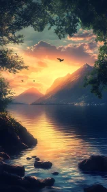 Sunset over calm mountain lake framed by forest shore.