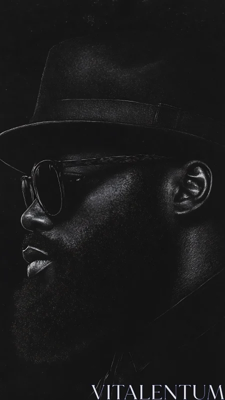 Side profile portrait of man in hat and glasses on black.