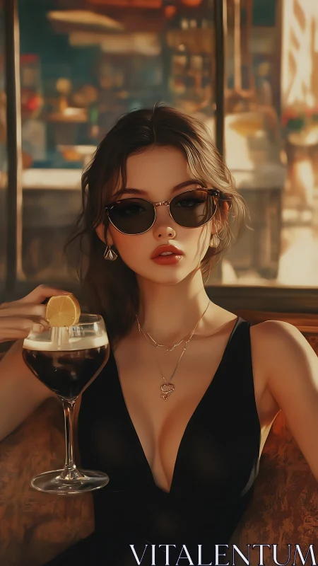 Caf&eacute;-lit digital portrait of sunglassed woman with cocktail glass.