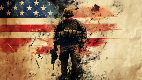 US soldier silhouette against distressed American flag backdrop.