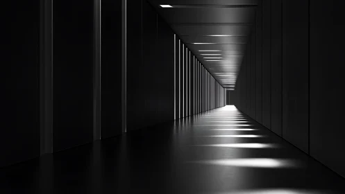 3D minimal corridor with linear light bands and deep vanishing point.