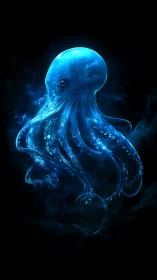 Glowing blue octopus rendered in fluid digital light form.