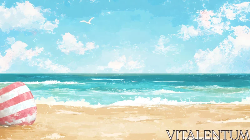 Striped beach ball rests on sand facing calm ocean horizon