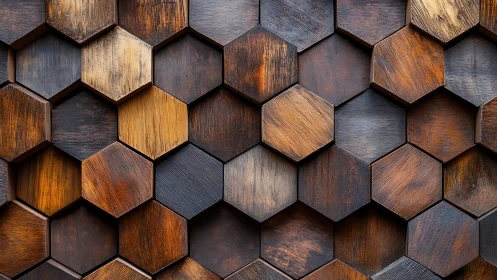 Hexagonal wooden relief array with staggered surface depths.